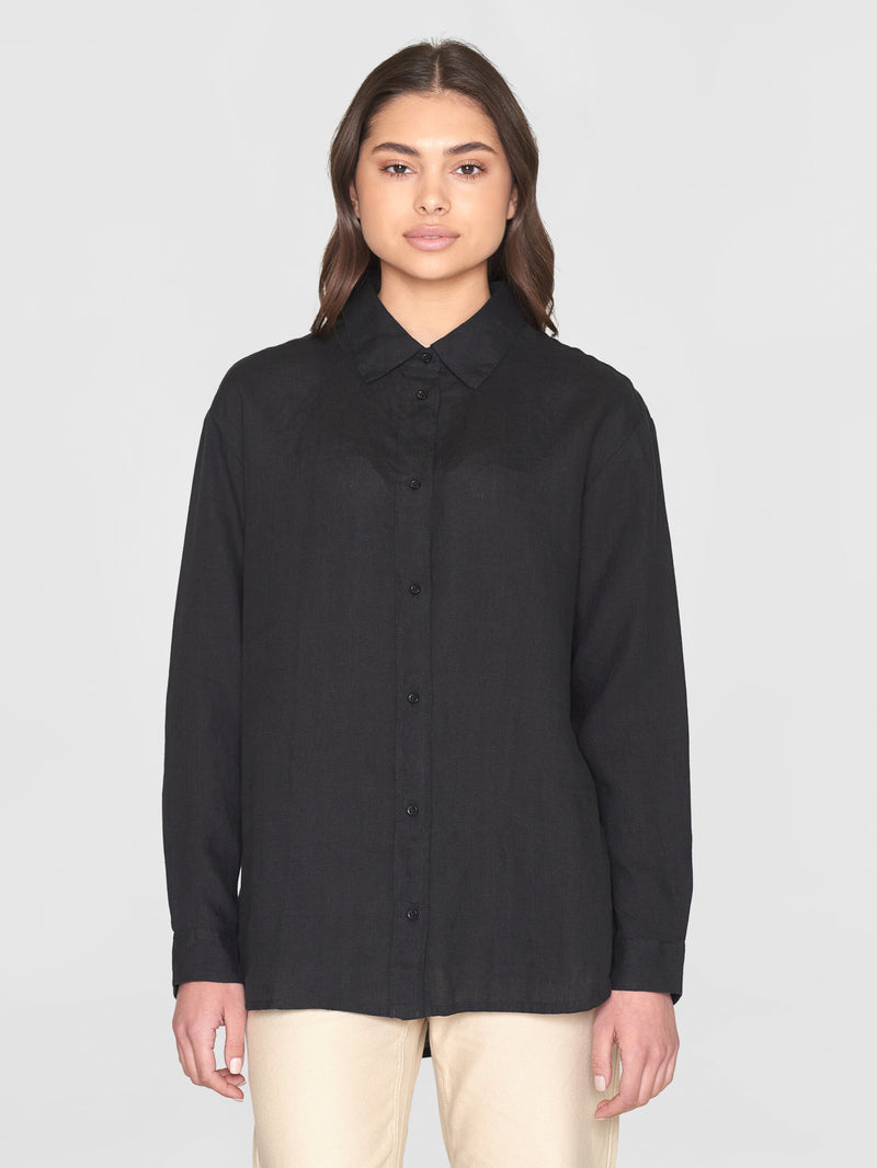 KnowledgeCotton Apparel - WMN Loose linen long sleeved shirt - GOTS/Vegan Shirts 1300 Black Jet