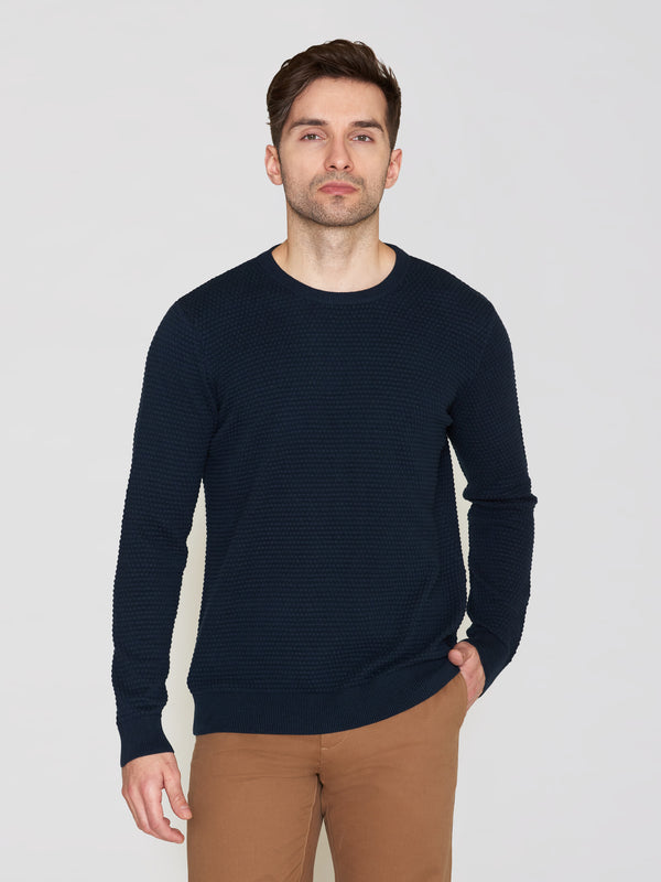 KnowledgeCotton Apparel - MEN VAGN regular bubble knit crew neck - Regenerative Organic Certified - GOTS/Vegan Knits 1001 Total Eclipse